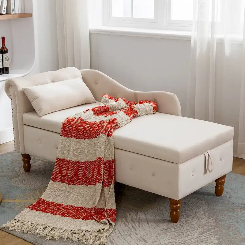 Chaise longue d'intérieur, chaise longue pour chambre avec rangement et oreiller, chaise longue rembourrée moderne à accoudoirs roulés pour le repos