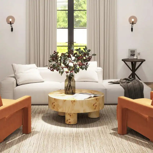 Table basse ronde en loupe de 35,5 avec pieds colonnes