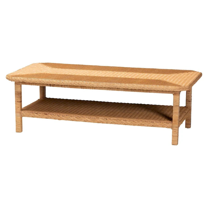 Table basse tressée en rotin clair bohème